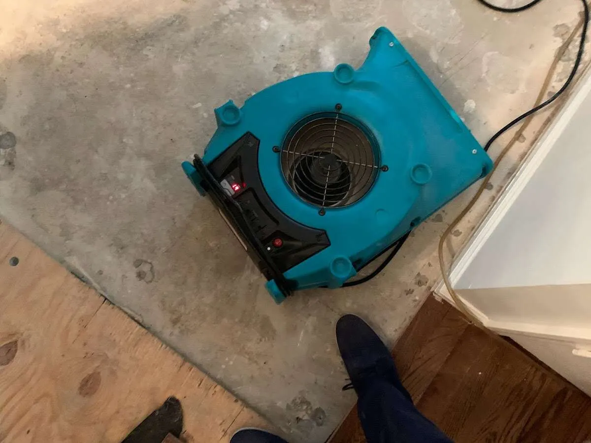 Air mover drying subfloor during Leak Detection & Repair in Valley City